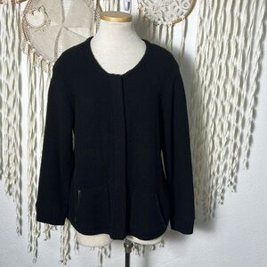 Eileen Fisher Black Zip Front Wool Yak and Leather Trim Sweater Jacket Large